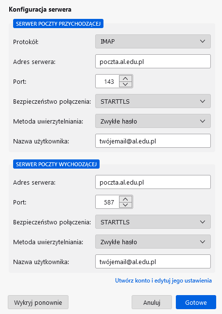 Rys. 2 Ręczna konfiguracja przy wykorzystaniu protokołu IMAP.