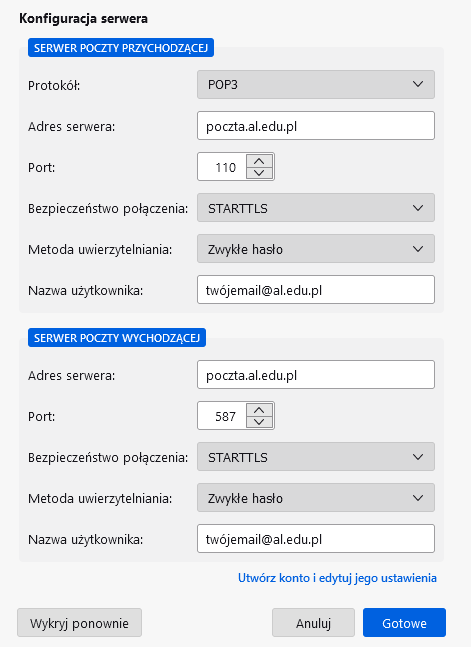 Rys. 3 Ręczna konfiguracja przy wykorzystaniu protokołu POP3.