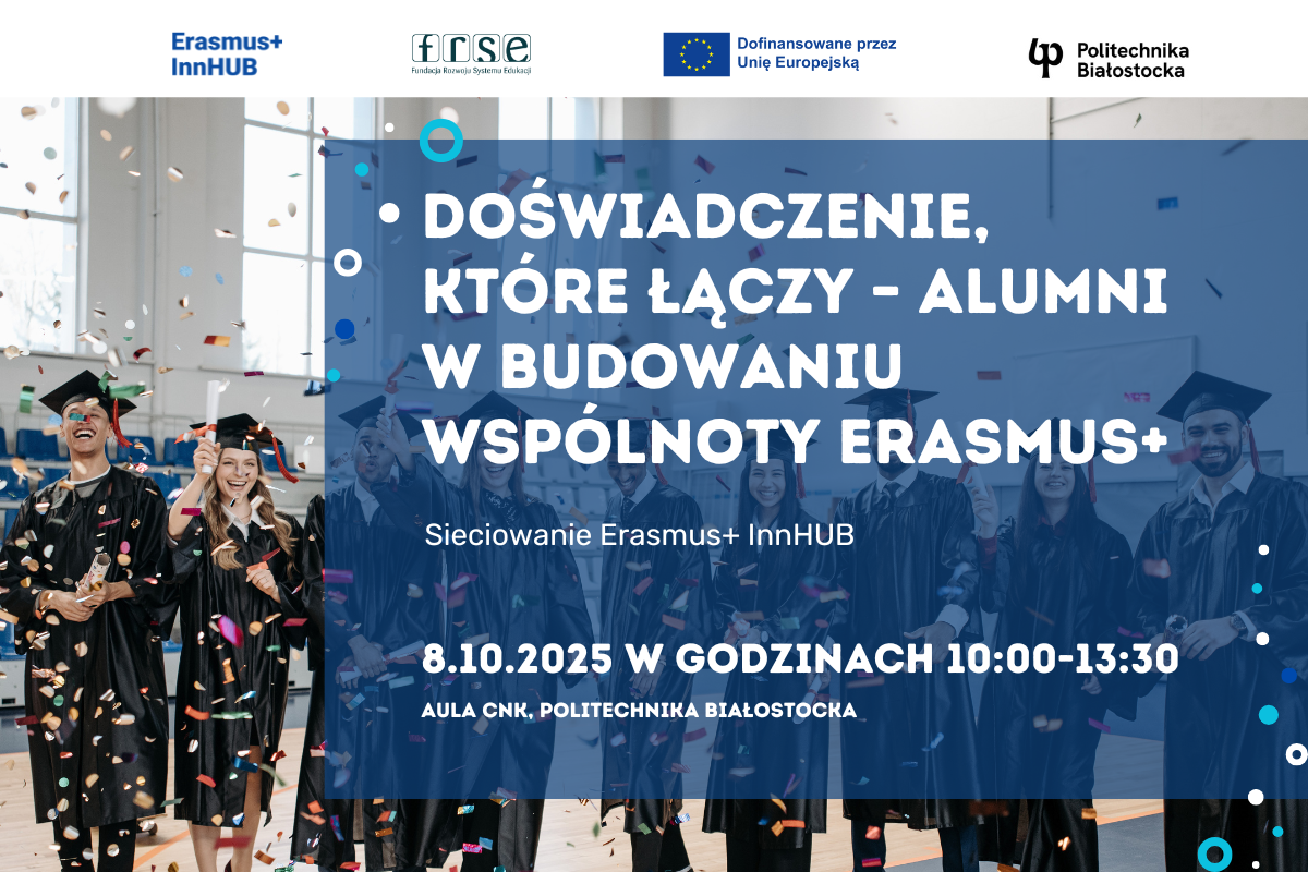 Plakat promujący wydarzenie na Politechnice Białostockiej. Dane zawarte, które są w tekście posta. Obraz przedstawia grupę absolwentów w togach, przed którymi jest dana niebieska grafika z tekstem