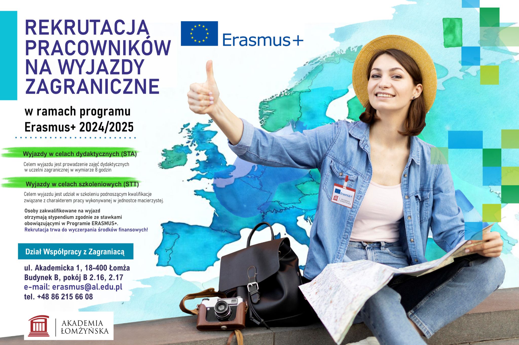 Plakat z informacjami o rekrutacji pracowników do Programu Erasmus+. Po prawej stronie kobieta z uniesioną prawą ręką i uniesionym kciukiem z mapą na kolanach. W tle kontury europy