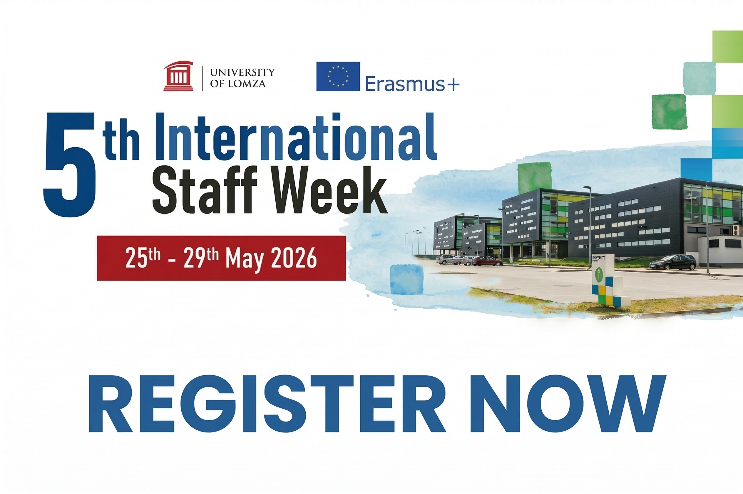 Grafika dekoracyjna zawierająca informacje z artykułu, z budynkiem uczelni po prawej stronie.