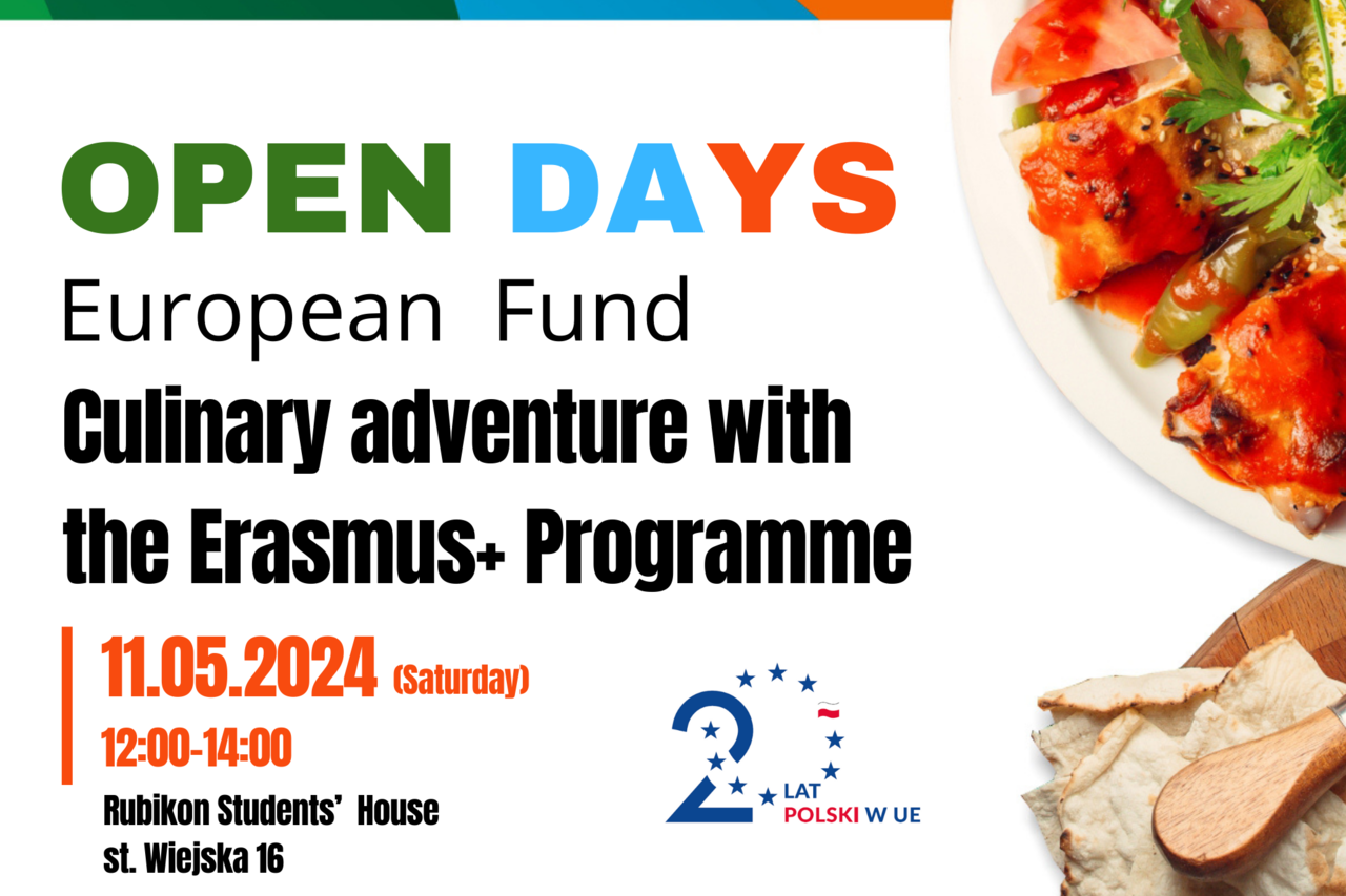 Advertising poster, with an example dish on the right side, and on the left, text: Culinary Journeys with the Erasmus Plus Program, as well as the information contained in the article.
