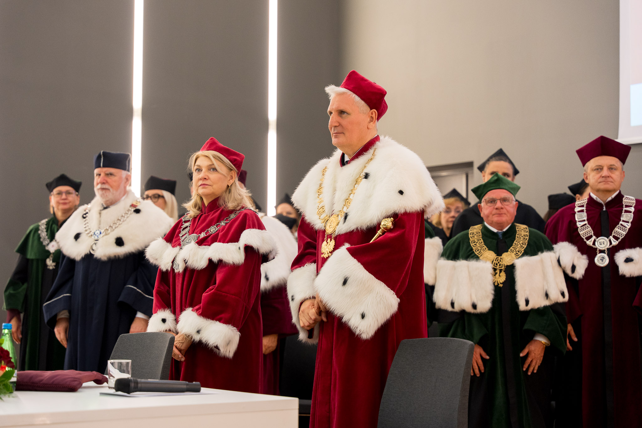 Osoby ubrane w uroczyste stroje akademickie stoją podczas ceremonii w sali konferencyjnej, przy stole prezydialnym