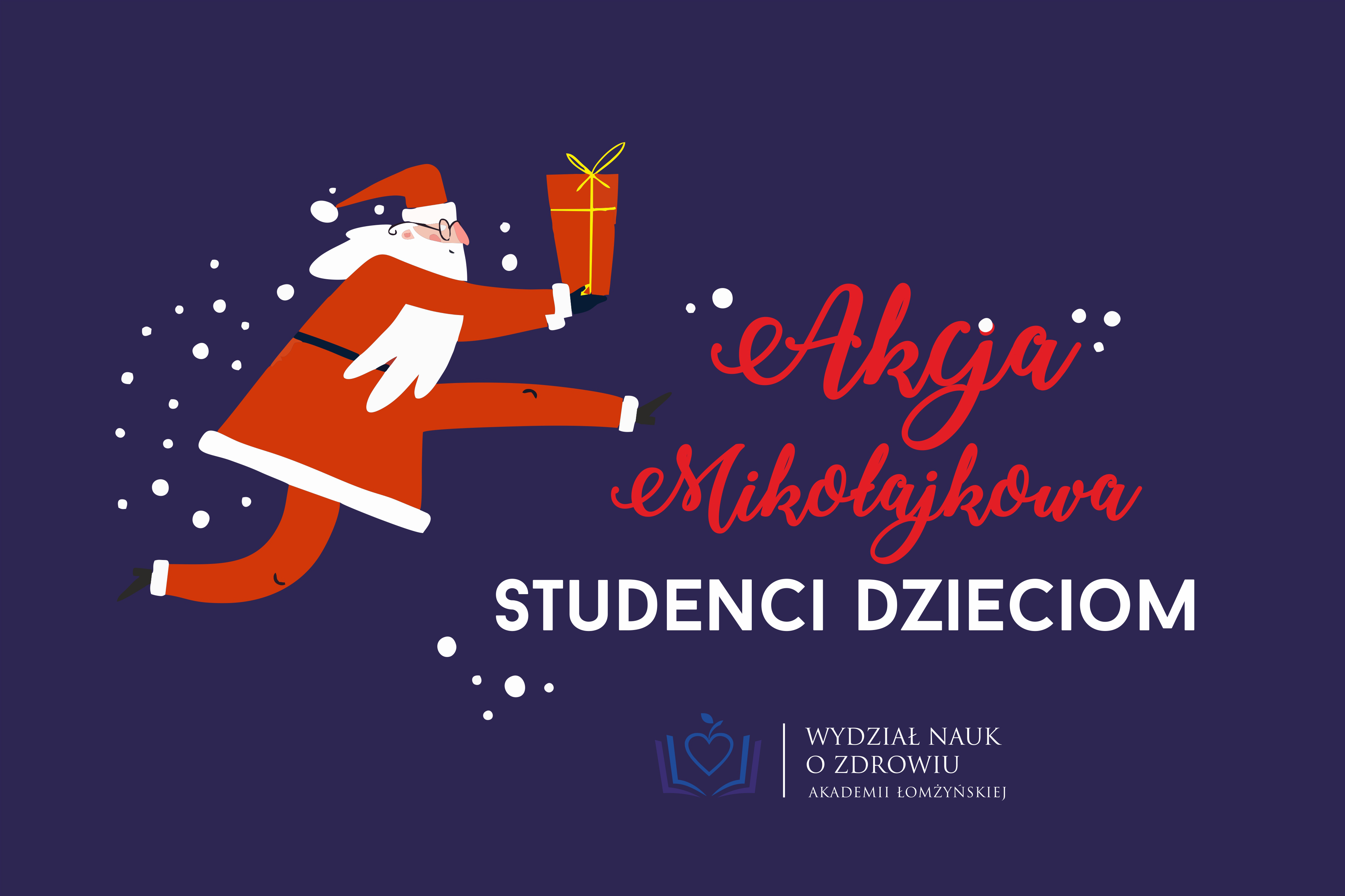 grafika Akcja Mikołajkowa – Studenci Dzieciom, w tle Mikołaj i logo WNZ
