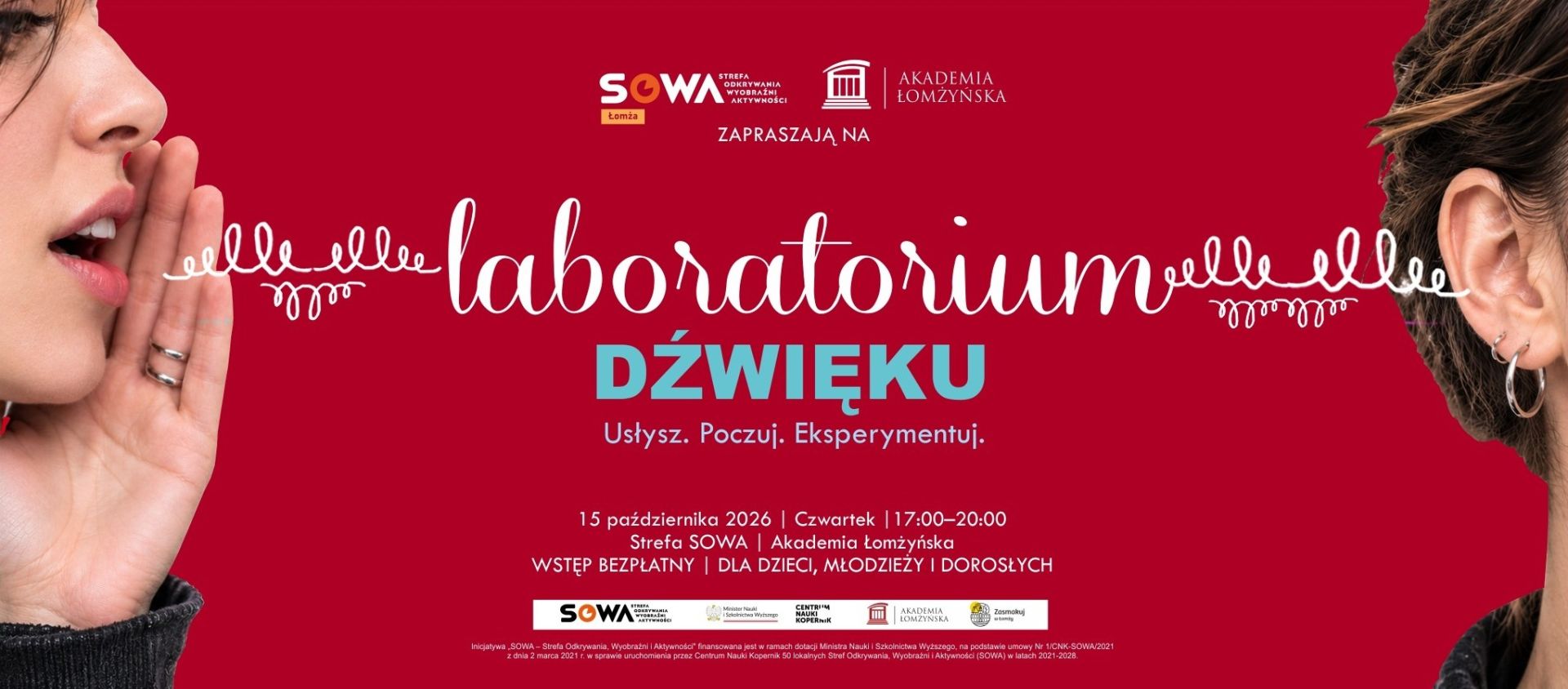 Plakat wydarzenia „Laboratorium Dźwięku” organizowanego przez Strefę SOWA i Akademię Łomżyńską, z informacją o terminie oraz grafiką osób mówiącej i słuchającej.