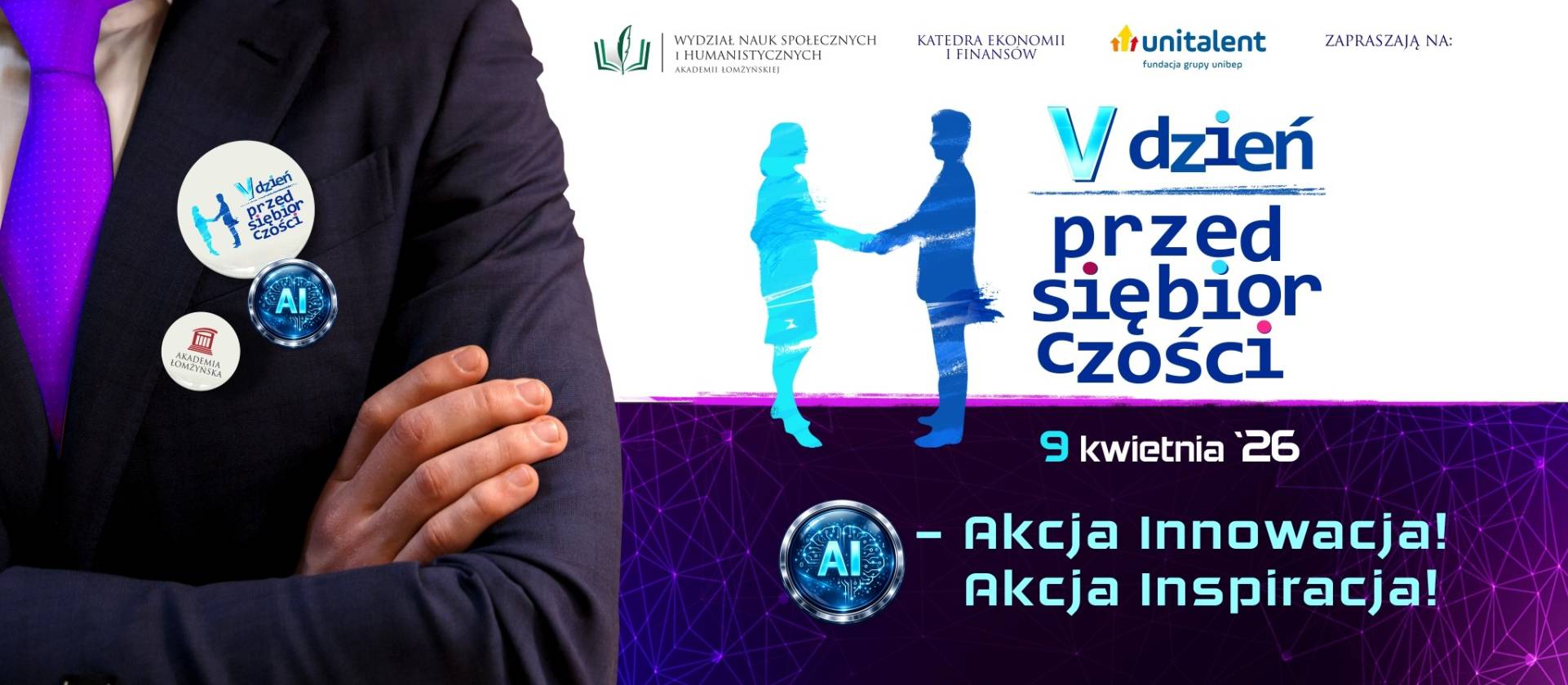 Plakat wydarzenia ‘V Dzień Przedsiębiorczości’ z datą 9 kwietnia 2026, hasłem ‘Akcja Innowacja! Akcja Inspiracja!’, grafiką dwóch osób podających sobie ręce oraz logotypami organizatorów.