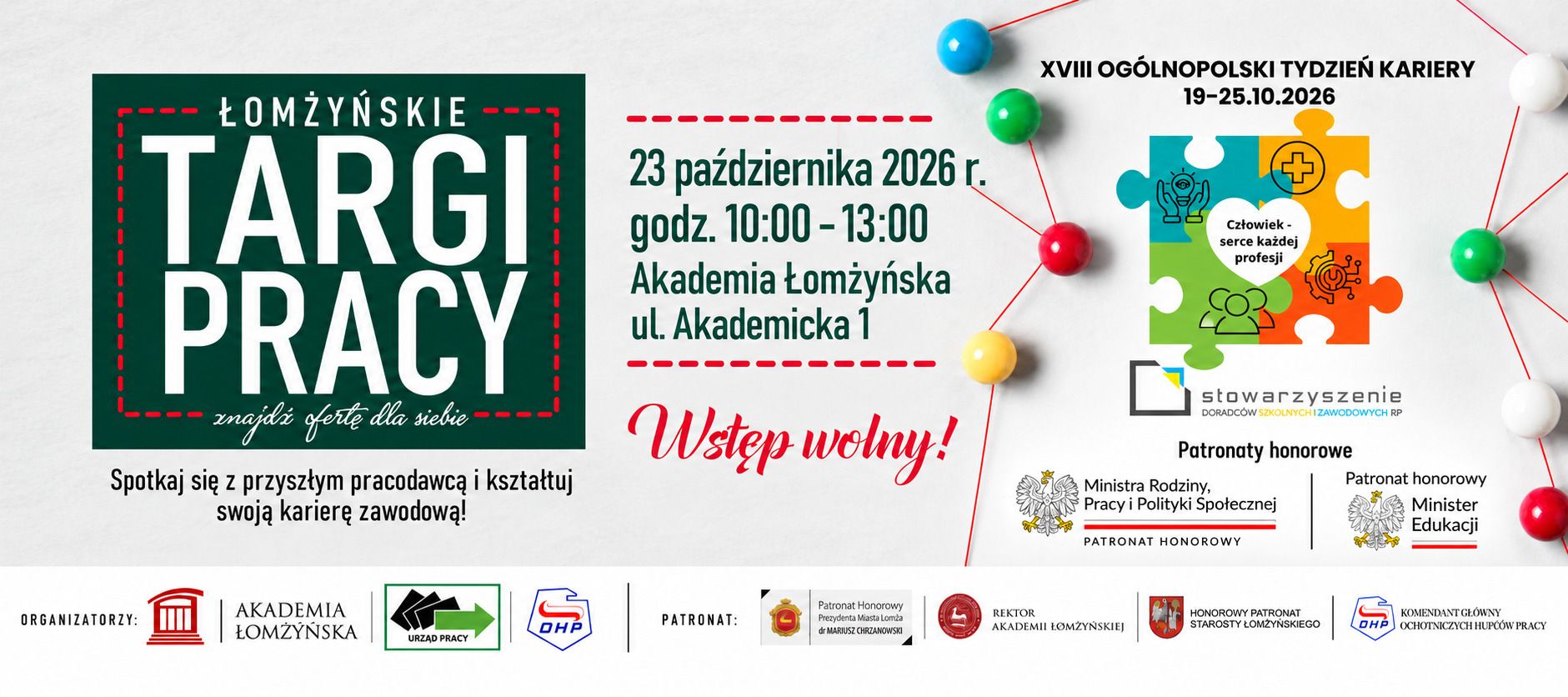 Plakat Łomżyńskich Targów Pracy 2026 z informacją o terminie i miejscu wydarzenia oraz graficznym motywem połączonych punktów symbolizujących sieć kontaktów zawodowych.