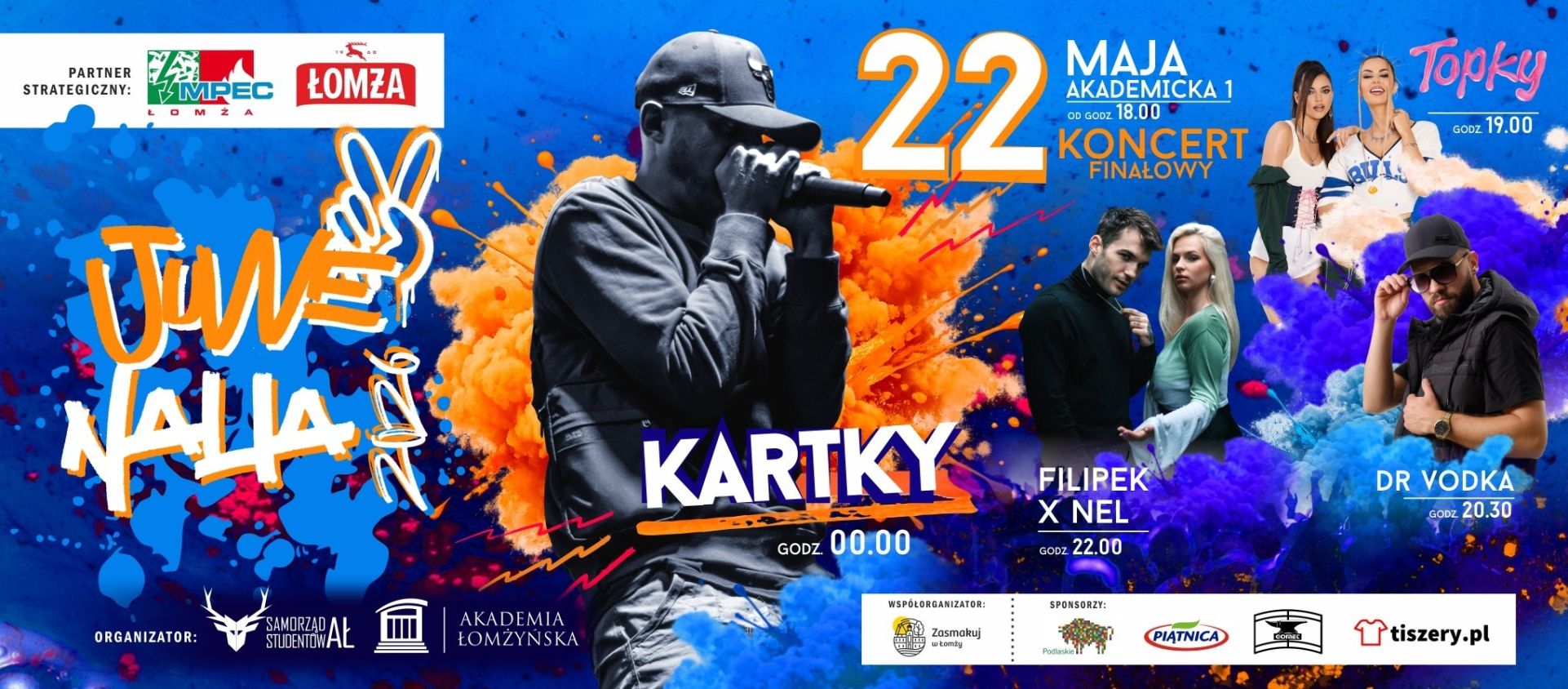 Plakat promujący wydarzenie Juwenalia 2024 w Łomży. Na tle koncertu z publicznością i scenicznych świateł znajduje się napis „Juvenalia 2024” oraz hasło „Wszystko zaczyna się na juwenaliach – bądź częścią tej przygody”. Podano termin wydarzenia: 18–23 maja. Na plakacie widoczne są także logotypy partnerów, sponsorów oraz Akademii Łomżyńskiej i Samorządu Studentów AL