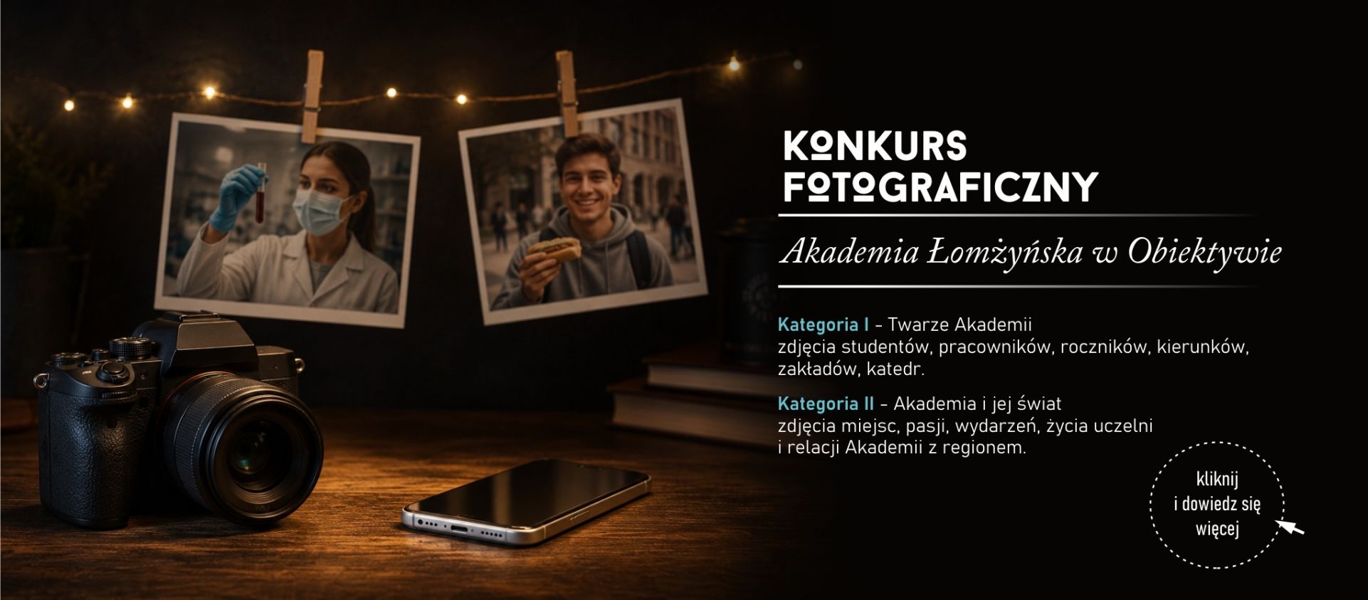 Plakat konkursu fotograficznego Akademii Łomżyńskiej z aparatem, zdjęciami zawieszonymi na sznurku oraz informacjami o kategoriach i zachęcie do udziału.