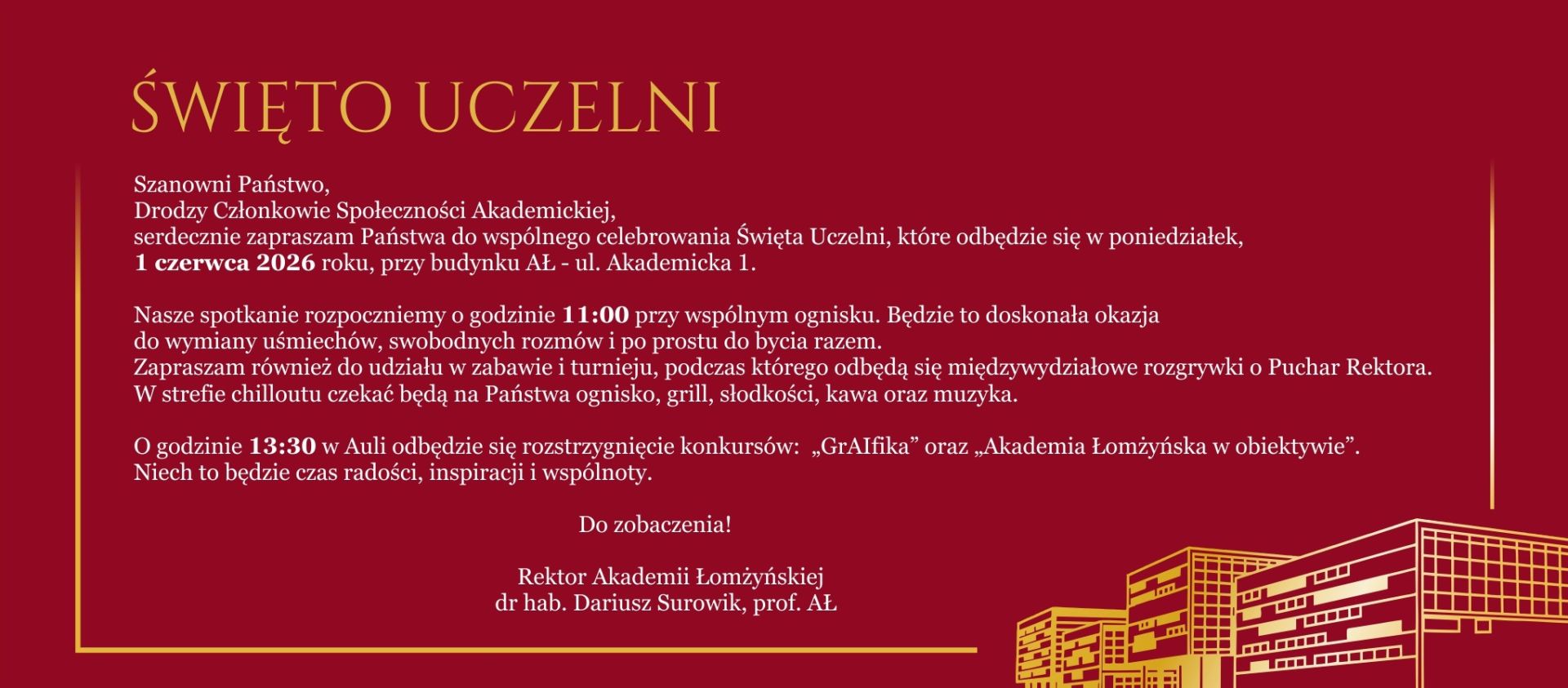 Plakat informujący o Święcie Uczelni Akademii Łomżyńskiej 1 czerwca 2026, z harmonogramem wydarzeń i zaproszeniem rektora
