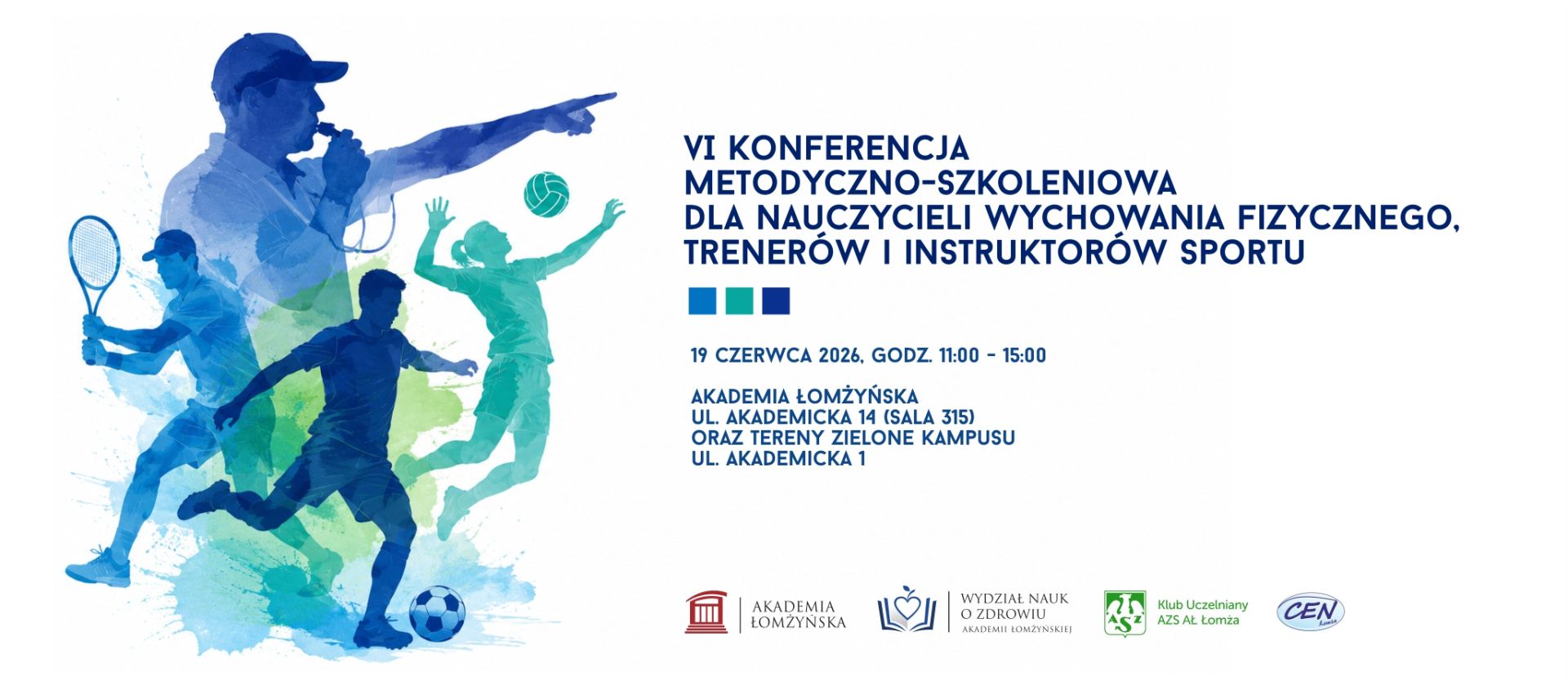 Plakat VI Konferencji Metodyczno‑Szkoleniowej dla nauczycieli i trenerów sportu z sylwetkami sportowców oraz informacją o wydarzeniu 19 czerwca 2026 w Akademii Łomżyńskiej