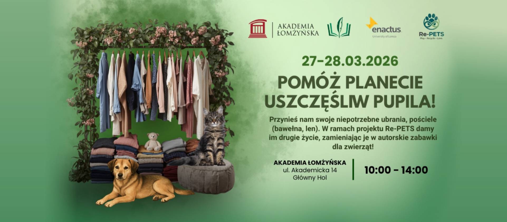 Plakat wydarzenia zachęcającego do przekazania niepotrzebnych ubrań i pościeli w ramach akcji Re‑PETS, z grafiką stojaka z odzieżą oraz zwierząt domowych na tle zielonej scenerii