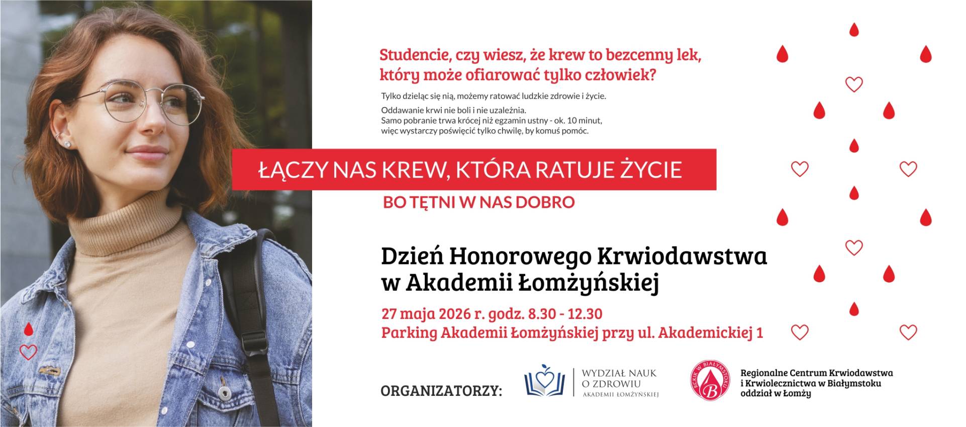 Plakat informacyjny o Dniu Honorowego Krwiodawstwa w Akademii Łomżyńskiej, 27 maja 2026, z hasłem promującym oddawanie krwi.
