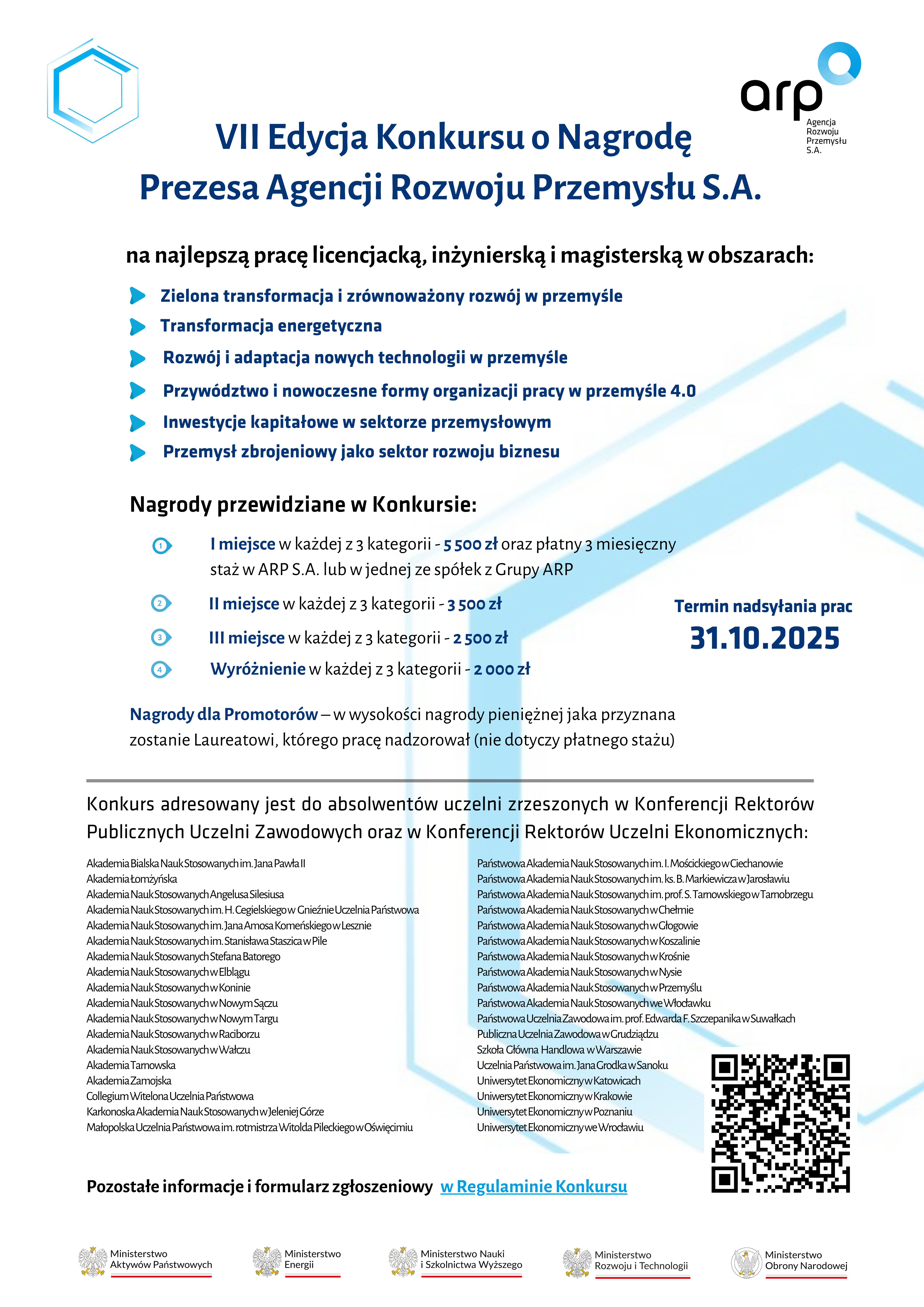 Ulotka VII Edycji Konkursu o Nagrodę Prezesa Agencji Rozwoju Przemysłu S.A. na najlepszą pracę licencjacką, inżynierską i magisterską w obszarach zielona transformacja i zrównoważony rozwój w przemyśle, transformacja energetyczna, rozwój i adaptacja nowych technologii w przemyśle, przywództwo i nowoczesne formy organizacji pracy w przemyśle 4.0, inwestycje kapitałowe w sektorze przemysłowym, przemysł zbrojeniowy jako sektor rozwoju biznesu