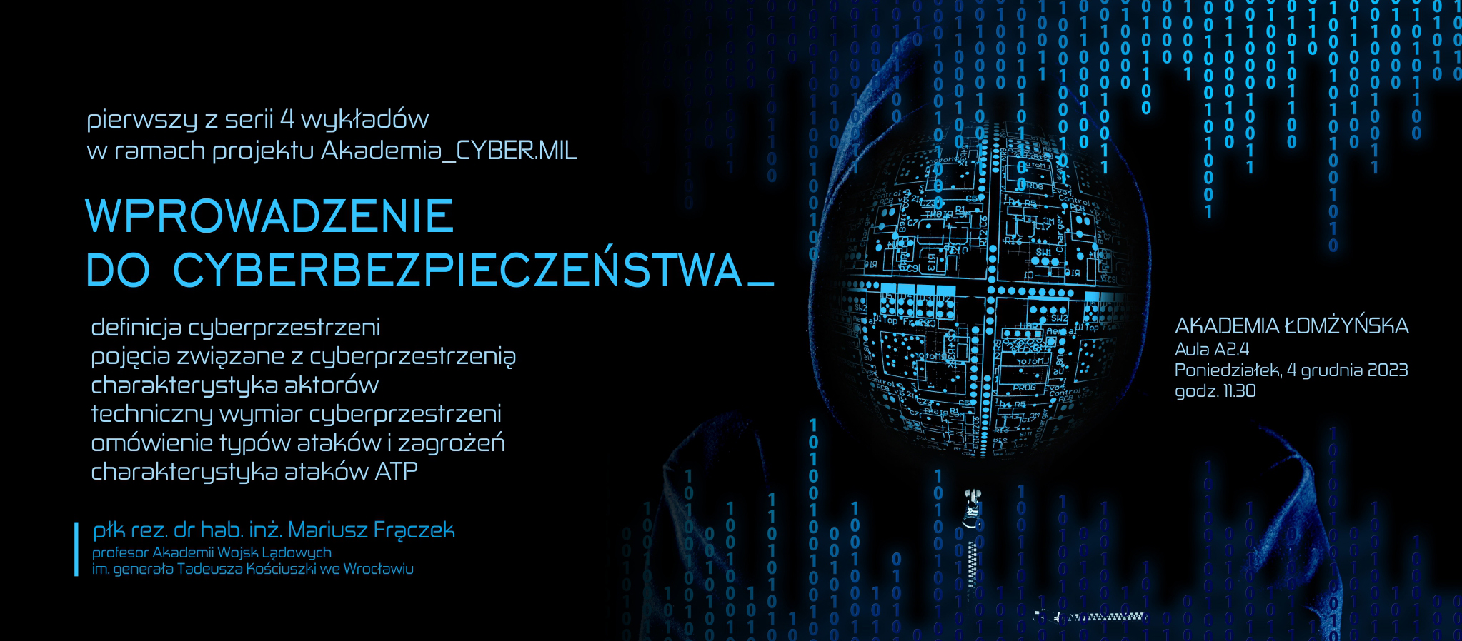 Baner reklamowy o wykładach z cyberbezpieczeństwa