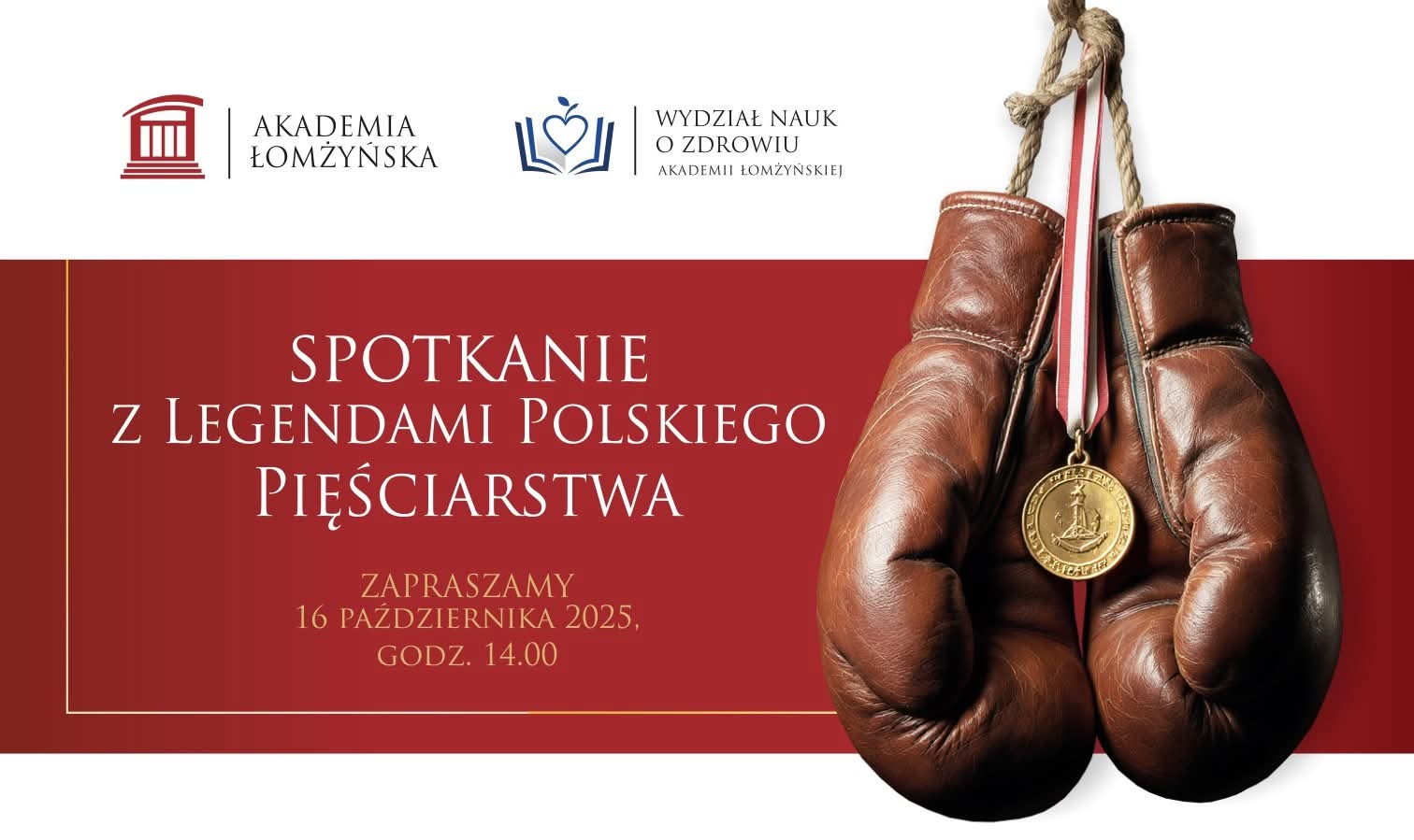 Tekst: Spotkanie z legendami polskiego boksu w Akademii Łomżyńskiej, obok zdjęcie wiszących rękawic do boksu