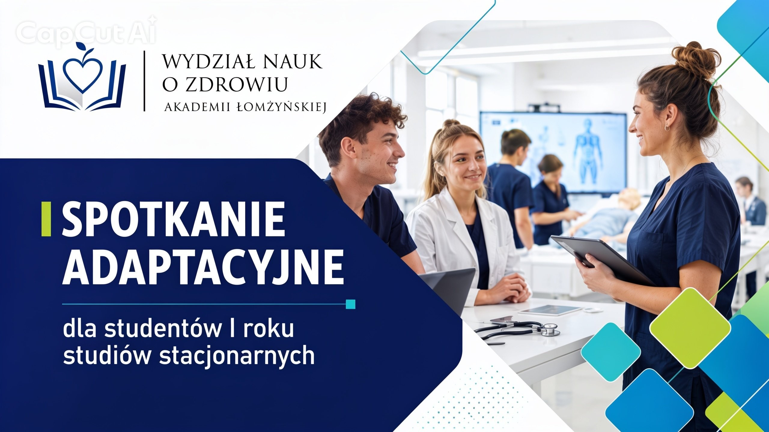 Grafika promująca spotkanie adaptacyjne dla studentów I roku studiów stacjonarnych Wydziału Nauk o Zdrowiu Akademii Łomżyńskiej. Po lewej stronie znajduje się logo wydziału oraz napis „Spotkanie adaptacyjne dla studentów I roku studiów stacjonarnych”. Po prawej stronie widoczna jest sala dydaktyczna o profilu medycznym, w której kilka osób rozmawia przy stanowisku pracy, a w tle odbywają się zajęcia praktyczne. Grafika utrzymana jest w biało-niebieskiej kolorystyce z zielonymi akcentami.  Przekaż swoją opinię na temat programu BizChat