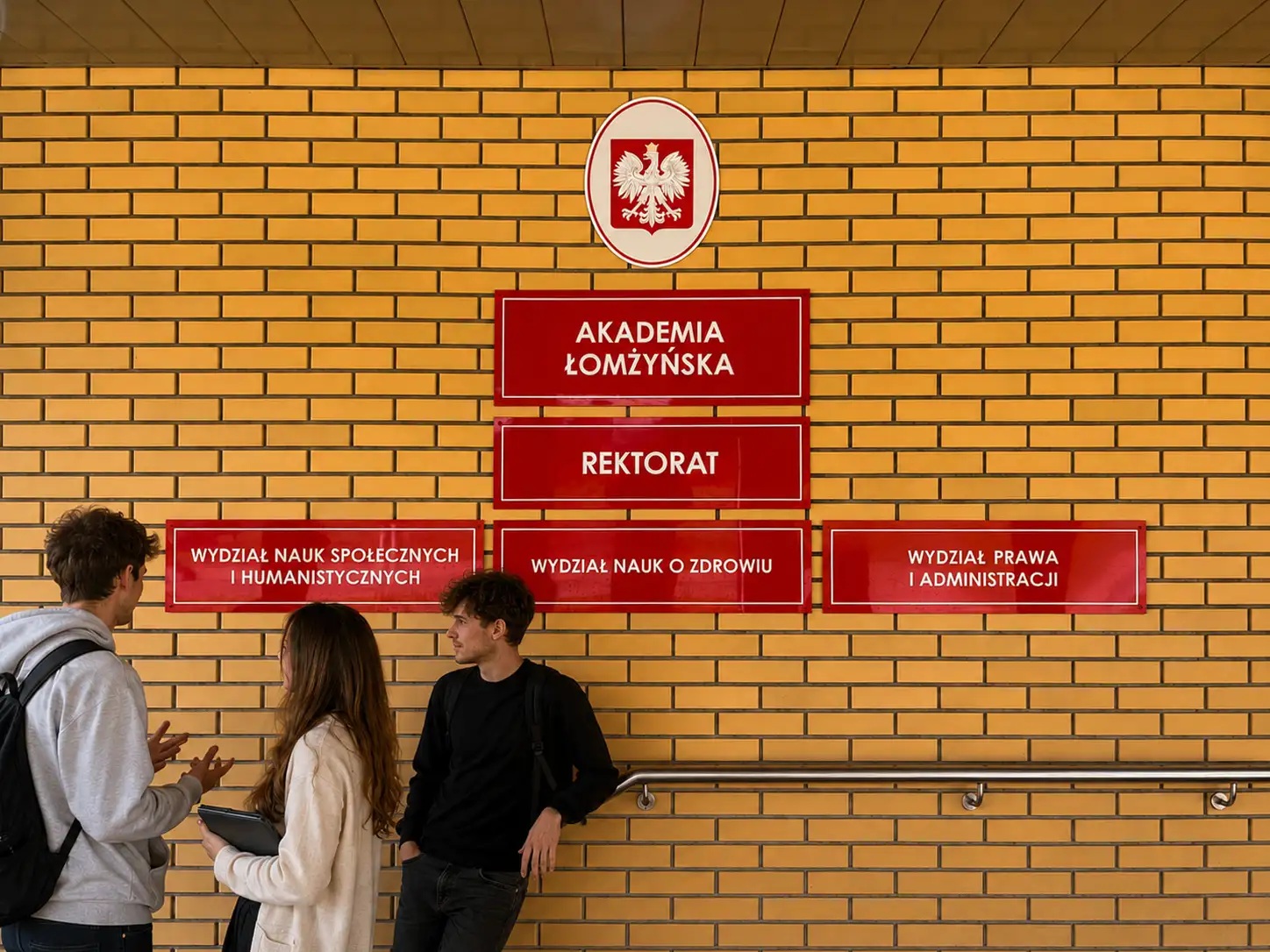 Trzy osoby stoją przy ścianie z jasnej cegły wewnątrz budynku uczelni. Na ścianie widoczne są czerwone tablice informacyjne z napisami: „Akademia Łomżyńska”, „Rektorat”, „Wydział Nauk Społecznych i Humanistycznych”, „Wydział Nauk o Zdrowiu” oraz „Wydział Prawa i Administracji”. Nad tablicami znajduje się godło Polski. W dolnej części ściany zamontowana jest metalowa poręcz.