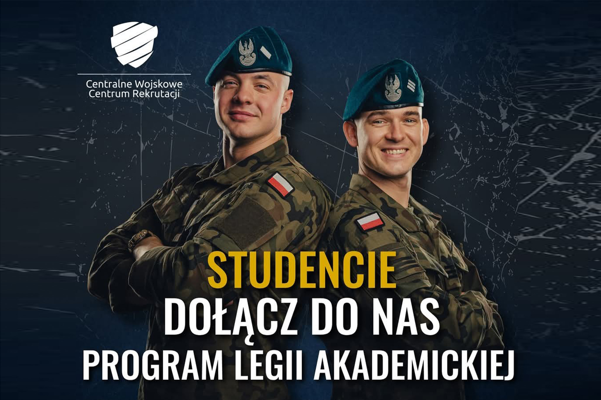 Zdjęcie przedstawia trzy osoby i tekst dołącz do programu Legii Akademickiej