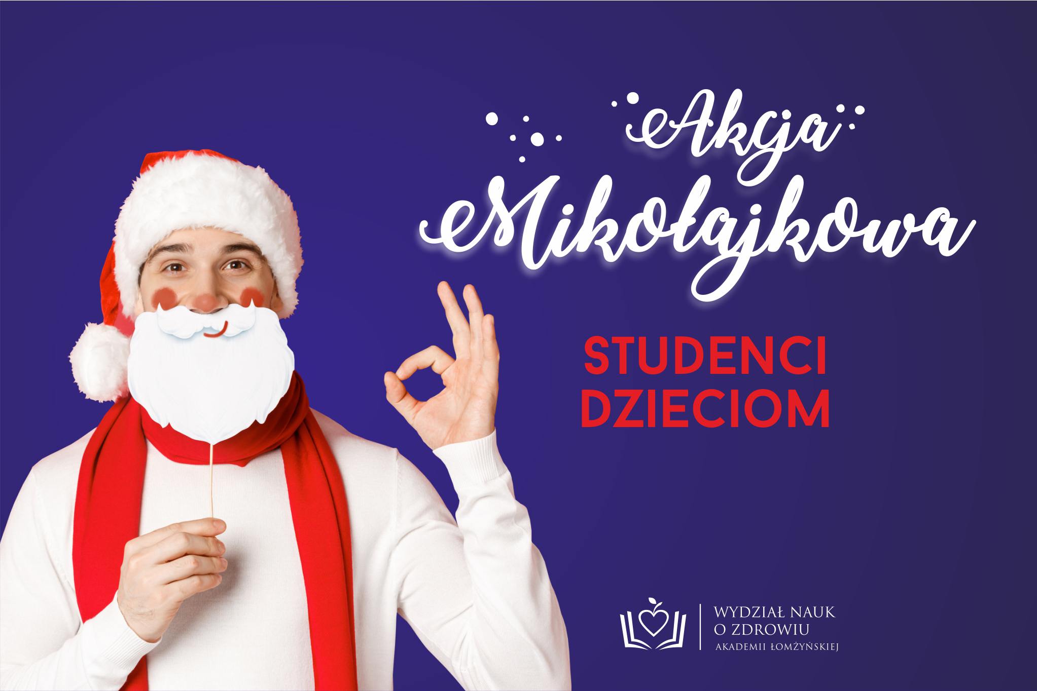 Święty Mikołaj z napisem akcja mikołajkowa studenci dzieciom