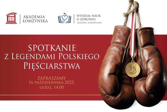 Tekst: Spotkanie z legendami polskiego boksu w Akademii Łomżyńskiej, obok zdjęcie wiszących rękawic do boksu
