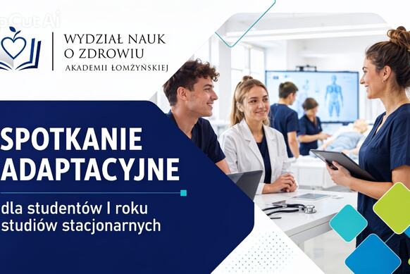 Grafika promująca spotkanie adaptacyjne dla studentów I roku studiów stacjonarnych Wydziału Nauk o Zdrowiu Akademii Łomżyńskiej. Po lewej stronie znajduje się logo wydziału oraz napis „Spotkanie adaptacyjne dla studentów I roku studiów stacjonarnych”. Po prawej stronie widoczna jest sala dydaktyczna o profilu medycznym, w której kilka osób rozmawia przy stanowisku pracy, a w tle odbywają się zajęcia praktyczne. Grafika utrzymana jest w biało-niebieskiej kolorystyce z zielonymi akcentami.  Przekaż swoją opinię na temat programu BizChat