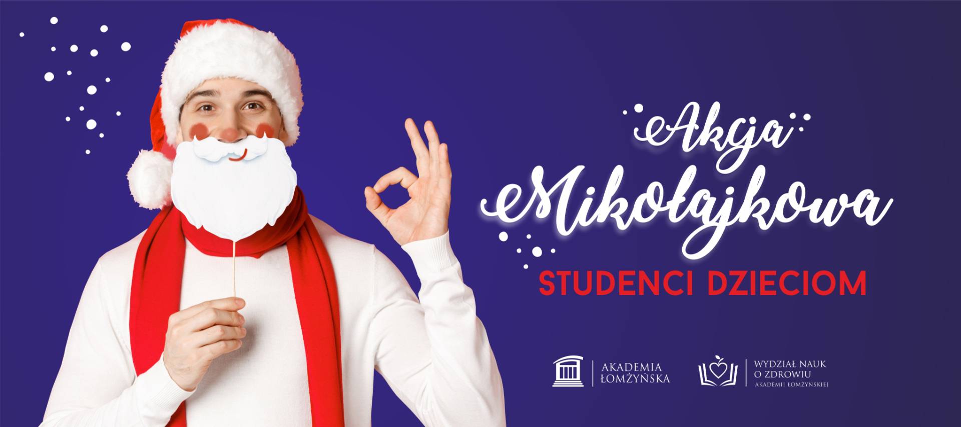 Święty Mikołaj z napisem akcja mikołajkowa studenci dzieciom