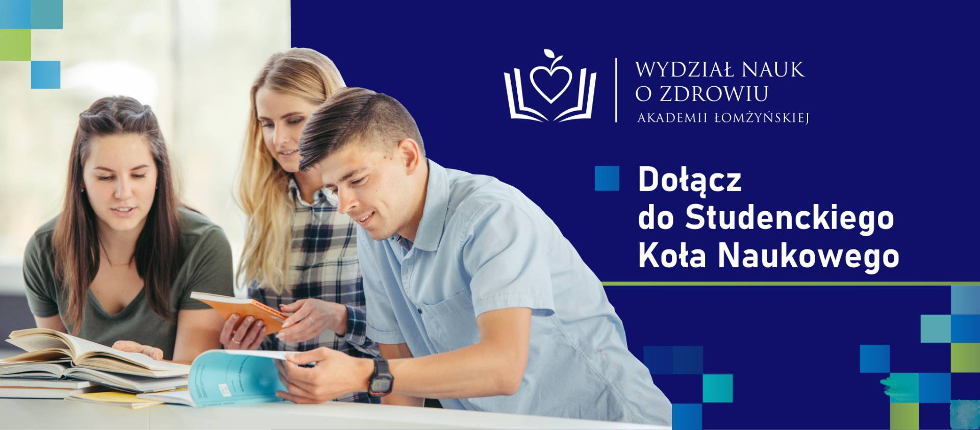 Po lewej stronie trzech studentów a po prawej stronie logo Wydziału Nauk o Zdrowiu i napis dołącz do studenckiego koła naukowego