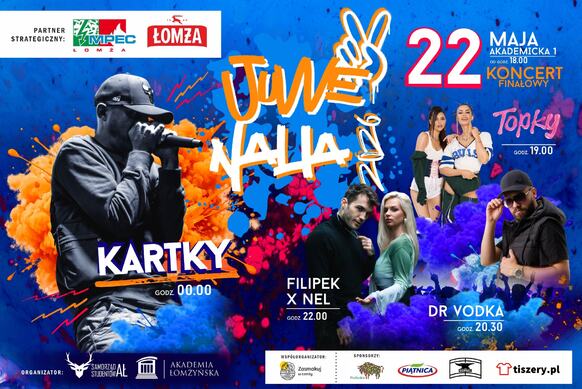 Plakat informacyjny z harmonogramem wystąpień artystów na koncercie juwenaliowym.