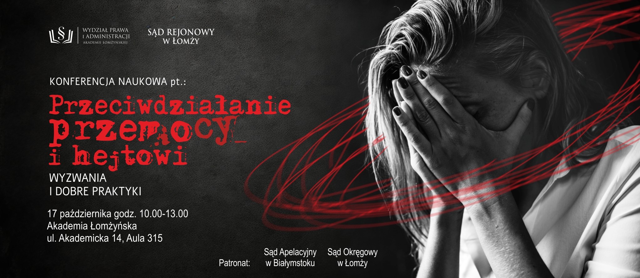 Konferencja naukowa pt.:  Przeciwdziałanie przemocy i hejtowi – wyzwania i dobre praktyki  &#128197; 17 października, godz. 10:00–13:00 &#128205; Akademia Łomżyńska, ul. Akademicka 14, Aula 315